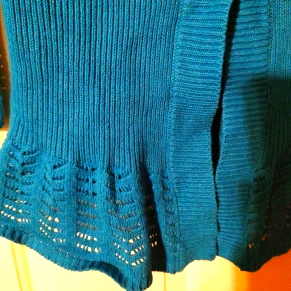 🐦Glorious Vtg 80's Rich Turquoise Crochet Woven Bell Sleeve Cardigan Sweater -S - Picture 9 of 16